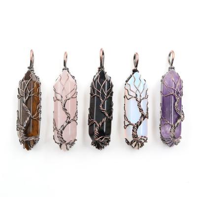 China Trendy Natural Stone Vintage Tree of Life Crystal Hexagonal Prism Pendant Necklace for sale