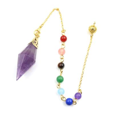 China FASHIONABLE Gold Plated Natural Crystal Double Pointed Hexagonal Pendulum Pendant 7 Stone Chakra Reiki Chain Amulet for sale