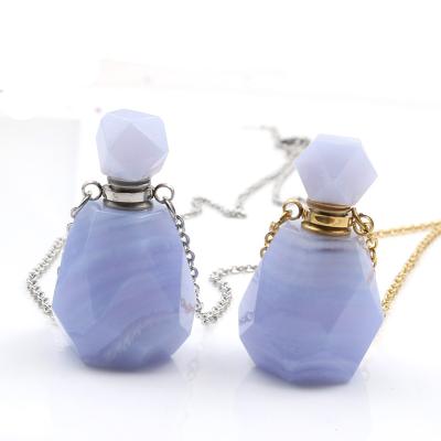 China Fashionable Blue Lace Agates Bottle Gems Stone Perfume Bottle Faceted Stainless Steel Vial Pendant Essential Oil Meditation Jewelry for sale