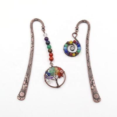 China China 2pcs Metal Bookmark Antique Crystal Tumbled Stones Bookmark Healing Copper 7 Chakra Matched Pearl Vintage Bronze Bookmark for sale