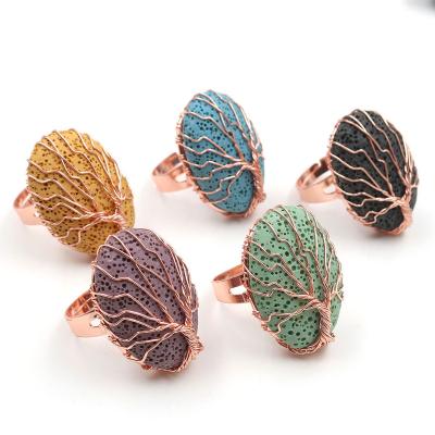 China Crystal Rose Gold Color Tree of Life Lava Rock Rings Copper Wire Wrapped Oval Adjustable Jewelry for sale