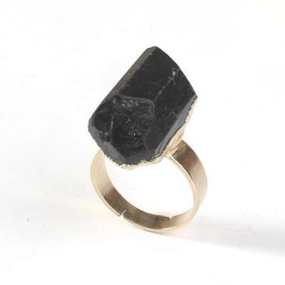 China Black Tourmaline Ring Natural Black Tourmaline Light Yellow Gold Color Rings for sale