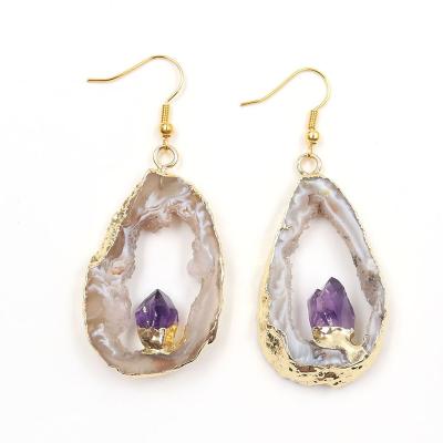 China Crystal Fashion Natural Druzy Drusy Quartz Stone Earring Cavity Stone Amethysts Earring for sale