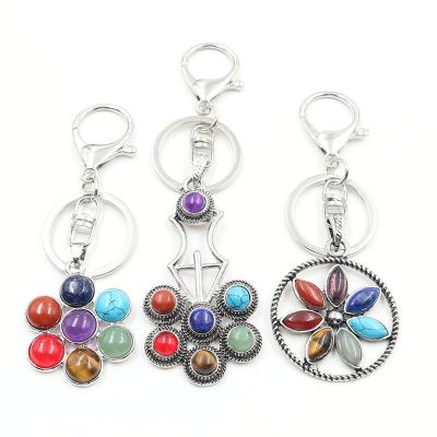 China Natural Crystal 7 Chakra Yoga Energy Stone Sun Flower Shape Key Chain Pendant Necklace for sale