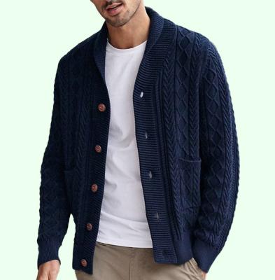 China Custom logo cable drop 7gg navy blue cable men's knitted sweater cardigan ODM Anti-wrinkle Anti-wrinkle servicer ODM for sale