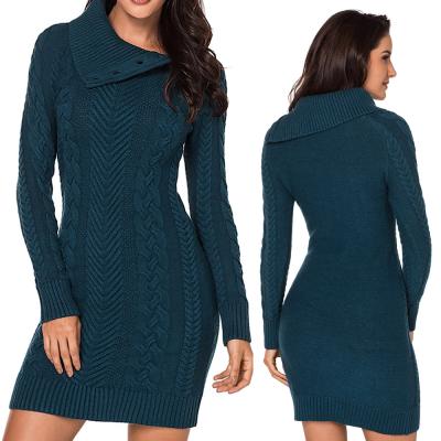 China Autumn Solid Color Anti-Static Long Sleeve Turtlneck Cable Knitted Sweater Bodycon Dress Women for sale