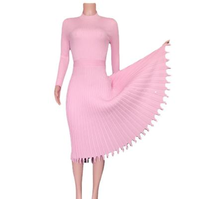 China Autumn Korean Women Anti-Static A Line Anti-Static Dress Ribbed Knitted Long Sleeve Sexy Elegant Casual Dresses for sale