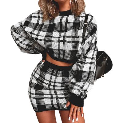 China Custom sexy anti-pilling women autumn anti-pilling dress fashion party short skirt long sleeve plaid knitted two piece dress women's sets for sale