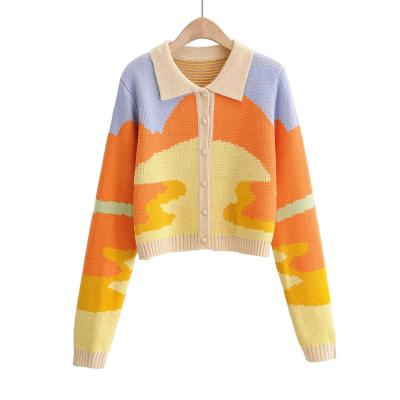 China Anti-wrinkle Lady Anti-wrinkle color oil painting color turn-down collar long sleeve single breasted elegant popular clothing knit sweater cardigan for sale