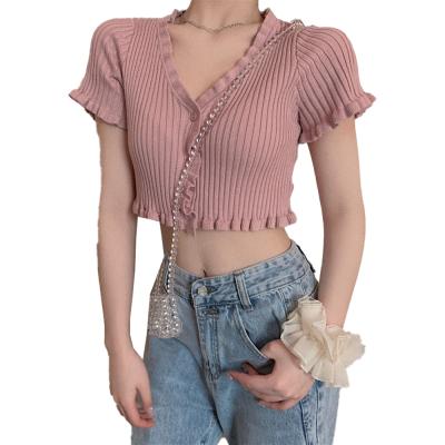 China Autumn New Style Women Anti-Wrinkle Cropped Sleeve Crop Top Ribbed Fashion Single Breasted V-neck Sexy Cardigan Sweater for sale