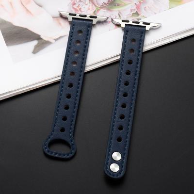 China Blue Leather Strap Double Buckle Style Leather Strap For Apple Watch 7/6/5/4/3/2/1 Strap 38mm/40mm/42mm/44mm for sale