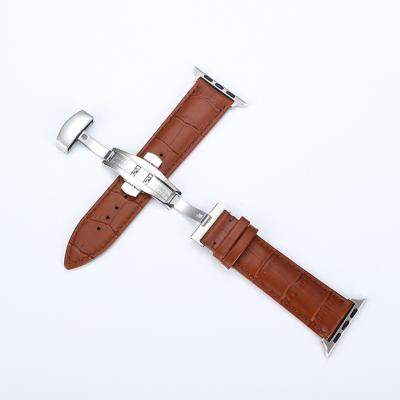 China Leather Light Brown Strap For Apple Watch 42mm Global Leather Strap 5/6/7/SE Foldover Butterfly Buckle Strap 38mm for sale