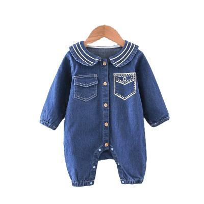 China High Quality Faux Pocket Denim Sleeveless High Quality Rompers Long Sleeve Sailor Sleeve Newborn Baby Clothes 0-12 Months for sale