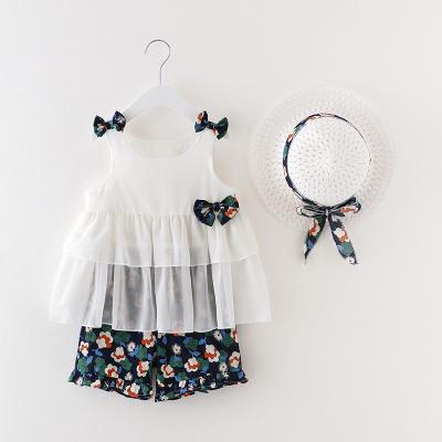 China 2022 Fashion Breathable New Summer Floral Bow Baby Clothes Ruffle Strap 3pcs Korean Baby Sets for sale