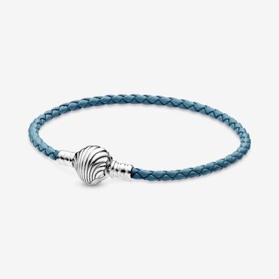 China Pandoraer TRENDY Color Braided Leather Rope Bracelet Shell Buckle Blue Green Leather Silver Rope Bracelet S925 for sale