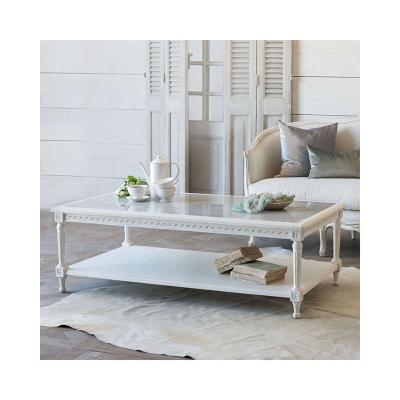 China Modern Design Table High Quality White Solid Wood Rectangle Carved Coffee Table for sale