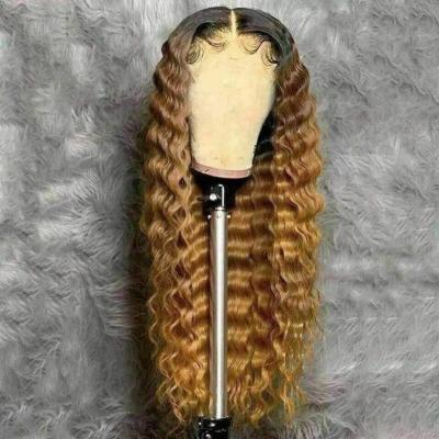 China Silky Straight Wave Roots Honey Blonde Dark Curly Hair Wigs For Black Women, Customized Ombre Lace Front Wig Colored Curly Deep Hair for sale