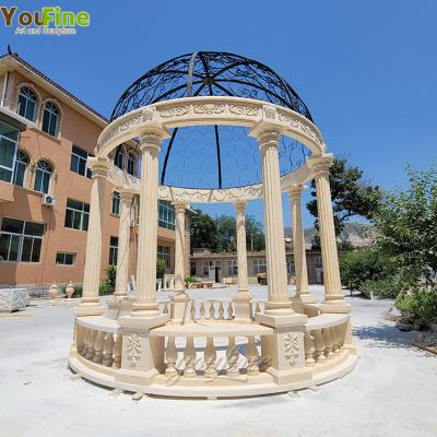 China Modern high quality yellow sandstone gazebo beige marble gazebo with iron roof for sale for sale