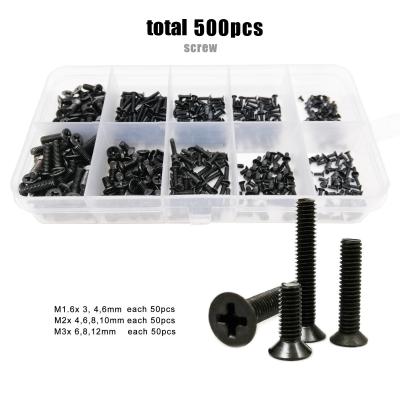 China Phillips Flat Countersunk Head Black Assortment Kit Small Mini Micro Phillips Flat Countersunk Head Bolt Cross Steel Screws 500pcs/box M1.4 M1.6 m2 M2.5 M3 for sale