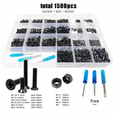 China 1500pcs/box M1.4 M1.6 M2 M2.5 M3 Flat Countersunk Cross Countersunk Head Bolt Countersunk Screws Kit Set Small Mini Micro Nut Assortment Black for sale