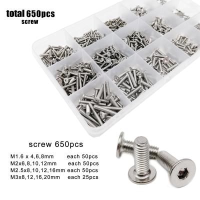 China Hex Head 650pc/box M1.6 M2 M2.5 M3 304 Stainless Steel Mix Size Assortment Size Hexagon Hex Socket Ultra Thin Flat Wafer Head Socket Bolt Screw for sale