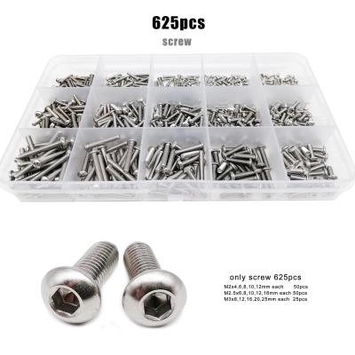 China Total 625pcs/box M2 M2.5 M3 A2-70 304 Stainless Steel Round Hex Socket Button Mix Size Set Kit Allen Hexagon Hex Socket Round Button Head Bolt Screw for sale