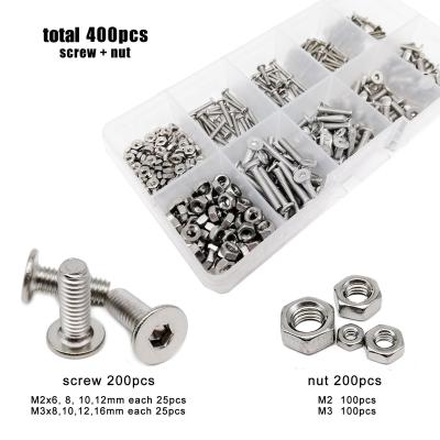 China Total 400pcs/box M2 M3 A2-70 304 Flat Stainless Steel Bolt Nut Assortment Kit Set Wafer Hexagon Hex Ultra Thin Flat Head Screw for sale