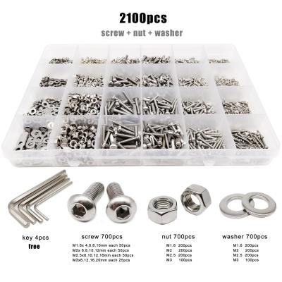 China Total 2100pcs/box M1.6 M2 M2.5 M3 304 Stainless Steel Round Nut Gasket Set Allen Round Hexagon Hex Socket Kit Button Head Bolt Screw for sale