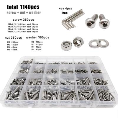 China Total 1140pcs/box M2 M3 M4 M5 A2-70 304 Stainless Steel Nut Gasket Set Allen Round Hexagon Hex Socket Kit Button Head Bolt Screw for sale