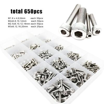 China 650pcs/box M1.6 M2 M2.5 M3 A2-70 304 Hex Socket Cap Stainless Steel 15 Sizes Set Assorted Kit Allen Hexagon Hex Socket Cap Bolt Screws for sale