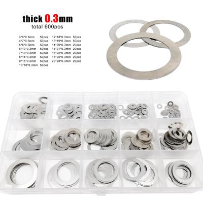 China 600pcs/box 0.3mm Stainless Steel M3-M20 304 Assorted Kit Set Plain Ultrathin Adjusting Shim Flat Ultra Thin Sealing Gasket for sale