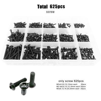 China Round 625pcs/Box Grade 10.9 M2 M2.5 M3 Alloy Steel Mix Size Mix Size Hex Socket Black Button Round Head Bolt Screw Set Kit for sale