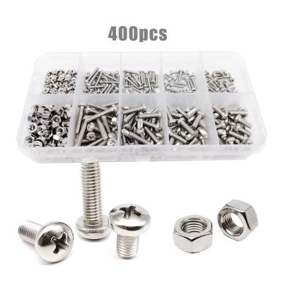 China Flat Total 400pcs/Box Assortment Kit A2-70 304 Stainless Steel Nut Cross Phillips Pan Round Head Bolt Screw M2 M3 GB818 for sale