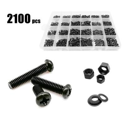 China Black Mini Micro Phillips Cross Pan Round Head Screw Bolt Nut Gasket Set Assortment Kit Total 2100pcs/box M1.6 M2 M2.5 M3 for sale