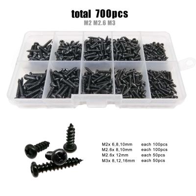 China Black Pan Total 700pcs/box Mix Sizes M2 M2.6 M3 Set Kit Mini Micro Cross Pan Phillips Around Head Wood Tapping Screw for sale