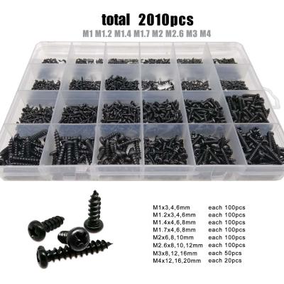 China 2010pcs/box Black Pan Mix Sizes M1 M1.2 M1.4 M1.7 M2 M3 M4 Set Kit Mini Micro Cross Pan Phillips Round Head Wood Tapping Screw for sale