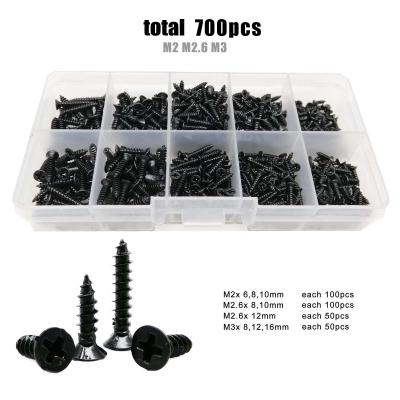 China Total 700pcs/box M2 M2.6 M3 Color Mix Color Assorted Size Set Black Flat Head Kit Cross Phillips Flat Countersunk Self Tapping Wood Screws for sale