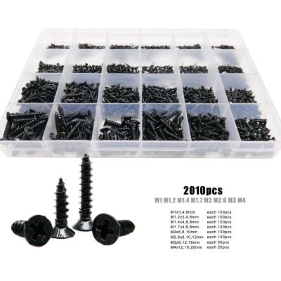 China 2010pcs/box Flat Countersunk Head Mix Black Size M1 M1.2 M1.4 M1.7 M2 M3 M4 Set Kit Countersunk Head Self Tapping Wood Screw Small Cross Phillips Flat for sale