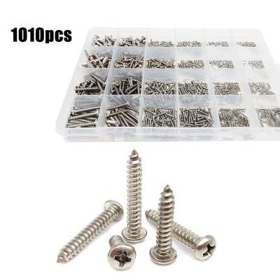 China Pan 24 Mix Sizes 1010pcs M1.2 M1.4 M1.7 M2 M3 M4 304 Stainless Steel Phillips Pan Cross Round Head Self Tapping Screw Set Wood Kit for sale