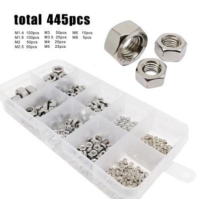 China General Industry 445pcs/box Stainless Steel A2-70 Sizes M1.4 M1.6 M2 M2.5 M3 M4 M5 M6 M8 DIN934 304 10 Hex Nut Set Kit Hex Hexagon Nut Assortment for sale