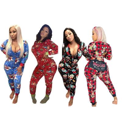 China 2020 Anti-Static Women's Christmas Print Clothing Long Jumpsuit One Piece Front Women Christmas Pajamas Onsies Zipper Sleeve for sale