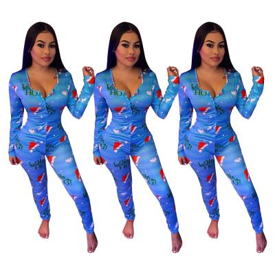 China Breathable Shipping Ready To Ship SD9467 Wholesale European And American Leisure Christmas Printing Long Sleeve Pants Home Overalls for sale