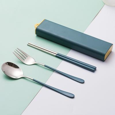 China Viable Reusable Japanese Korean Metal Gold Spoon Fork Chopsticks Stainless Steel Travel Portable Camping Cutlery Set With Case for sale