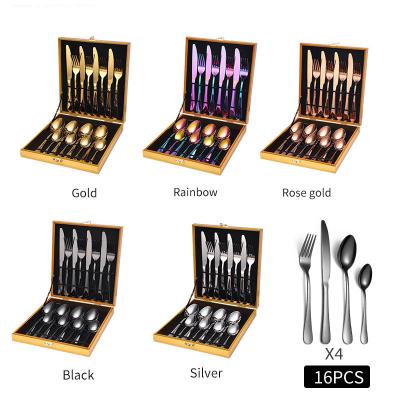 China Viable Wholesale Gift Luxury Metal Wedding Spoon Fork Knife Hotel Stainless Steel Gold Reusable Cutlery Set With Wooden Box for sale