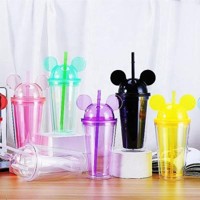 China Factory Price Viable Clear Acrylic Cup Double Layer Plastic Mickey Mouse Ear Cup With Lid And Straw for sale