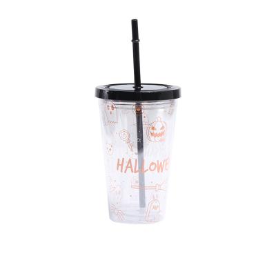 China Halloween Sustainable Oriented Plastic Tumbler With Straw Double Layer Reusable Plastic Drink Cup for sale