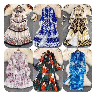 China 2022 Anti-Static Autumn Lady Elegant Button High-end Polyester Lace Up Vintage Long Sleeve Women Floral Casual Dresses for sale