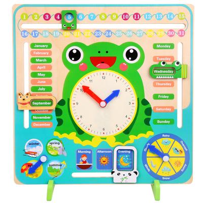 China Wholesale Eco-Friendly Wooden Multi-Function Calendar Alarm Clock Digital Clock Frog Time Enlightenment Cognitive Early English Study Toy for sale