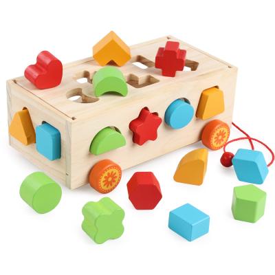 China Eco-friendly Wooden Geometric Shape Car Color Building Block 17 Hole Intelligence Assorted Early Education Children's Trailer Toy for sale