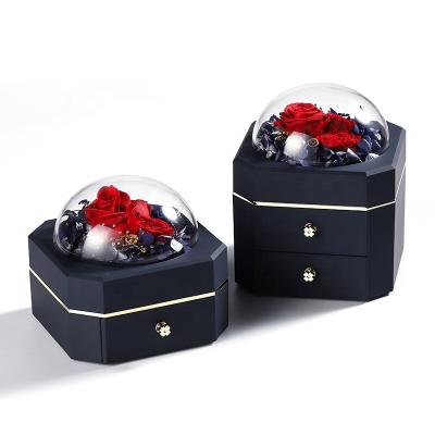 China Flower China Factory Navy Blue Acrylic Flower Packaging Sweet Rose Wedding Gift Ring Jewelry Boxes Valentine's Day Gift Necklace Box for sale